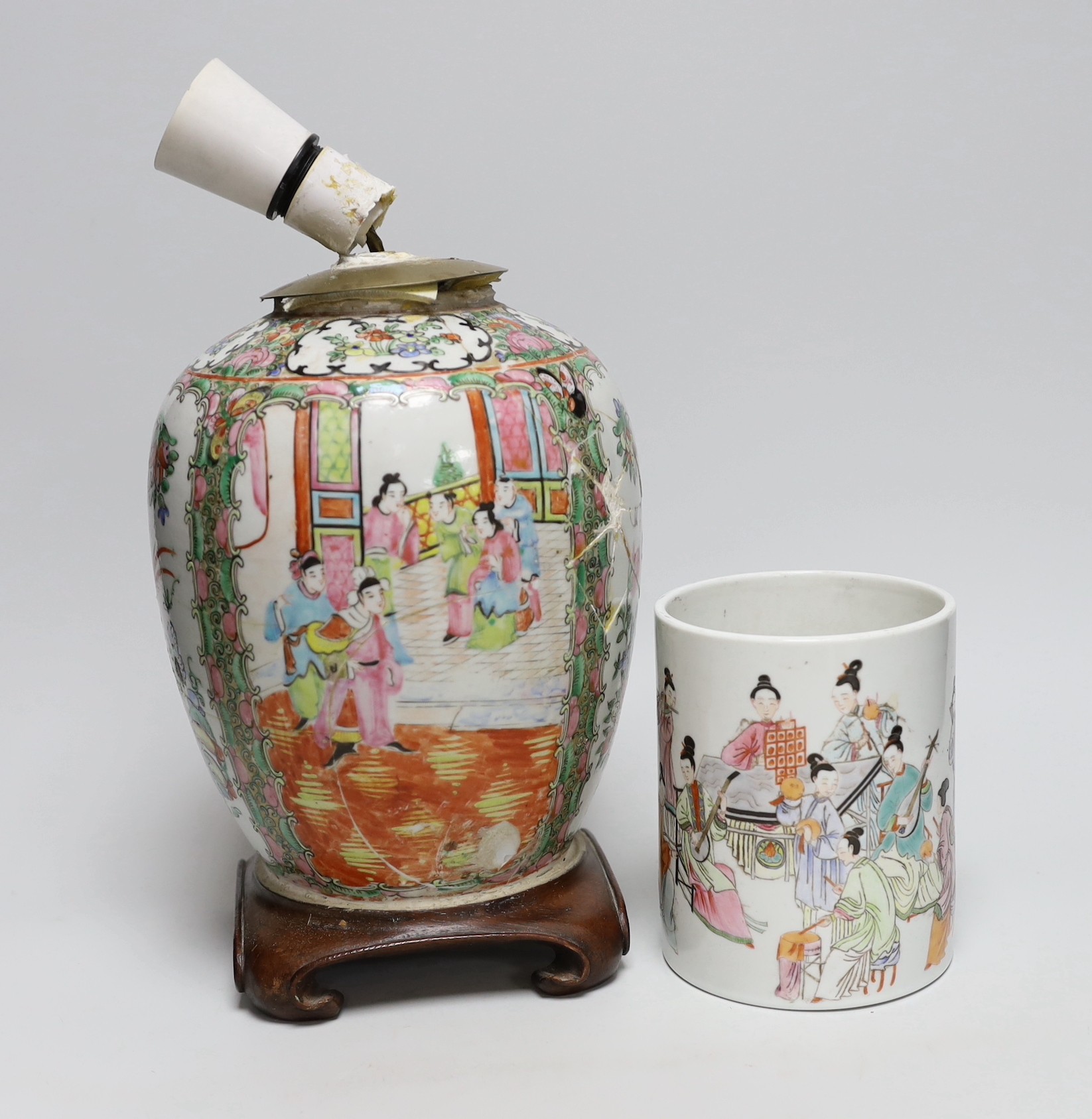 A famille rose vase converted into a lamp, together with a similar brush pot